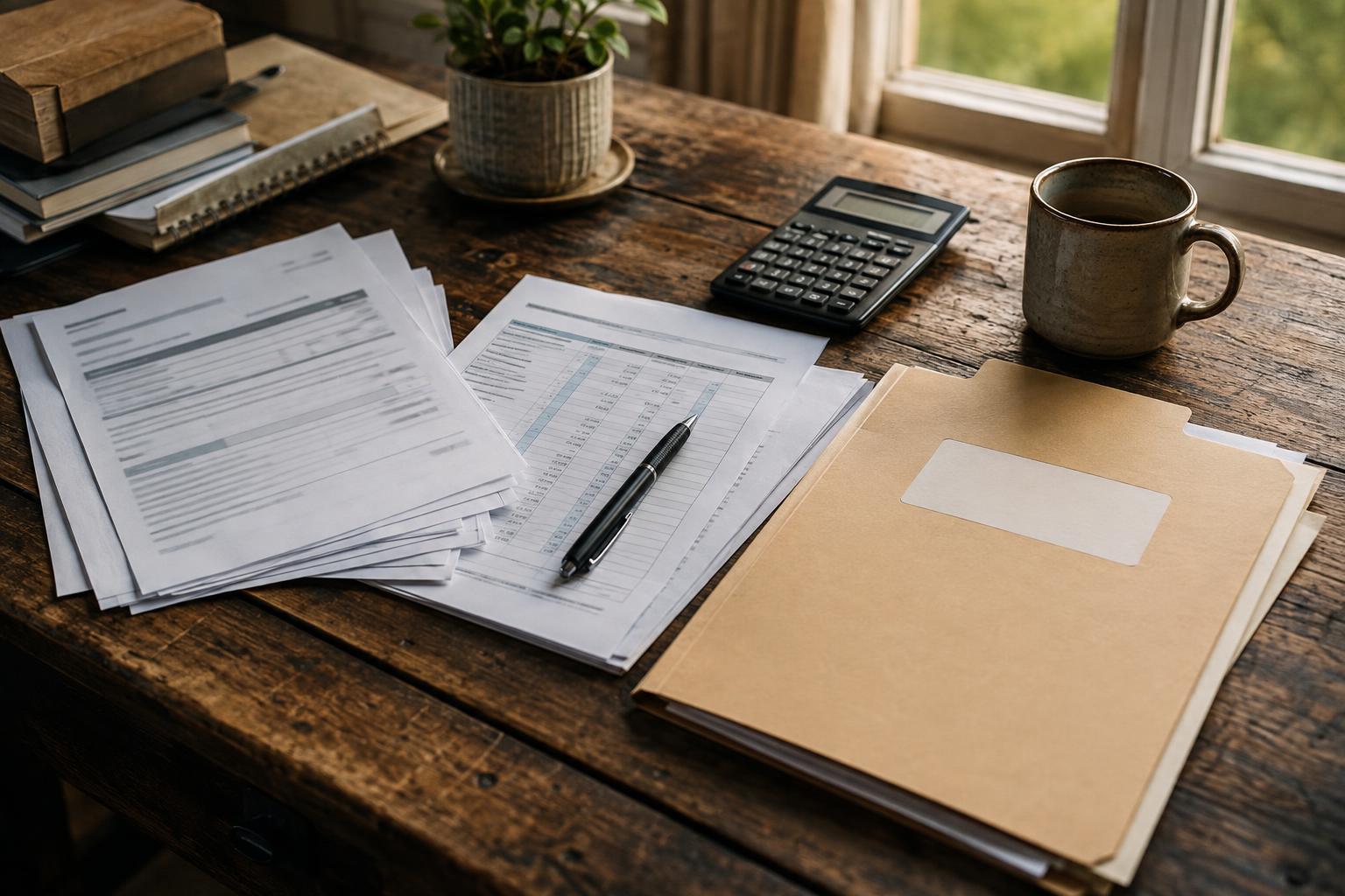 Home office desk showing annuity statement, budget worksheet, and labeled medical expense folder.