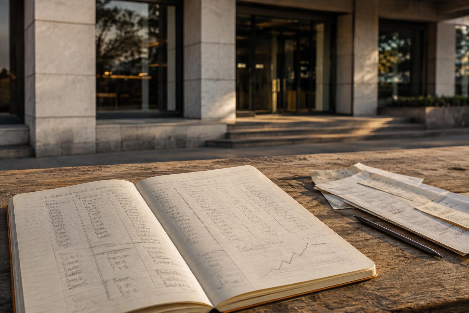 Bank branch exterior with notebook listing monthly payments and lump-sum comparison figures.