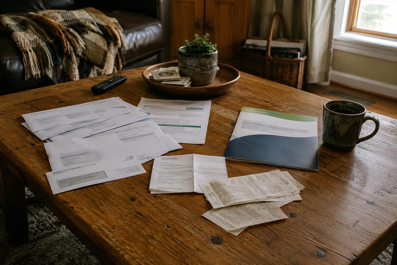 Living room coffee table with insurance letters, prescription receipts, and long-term care brochure.