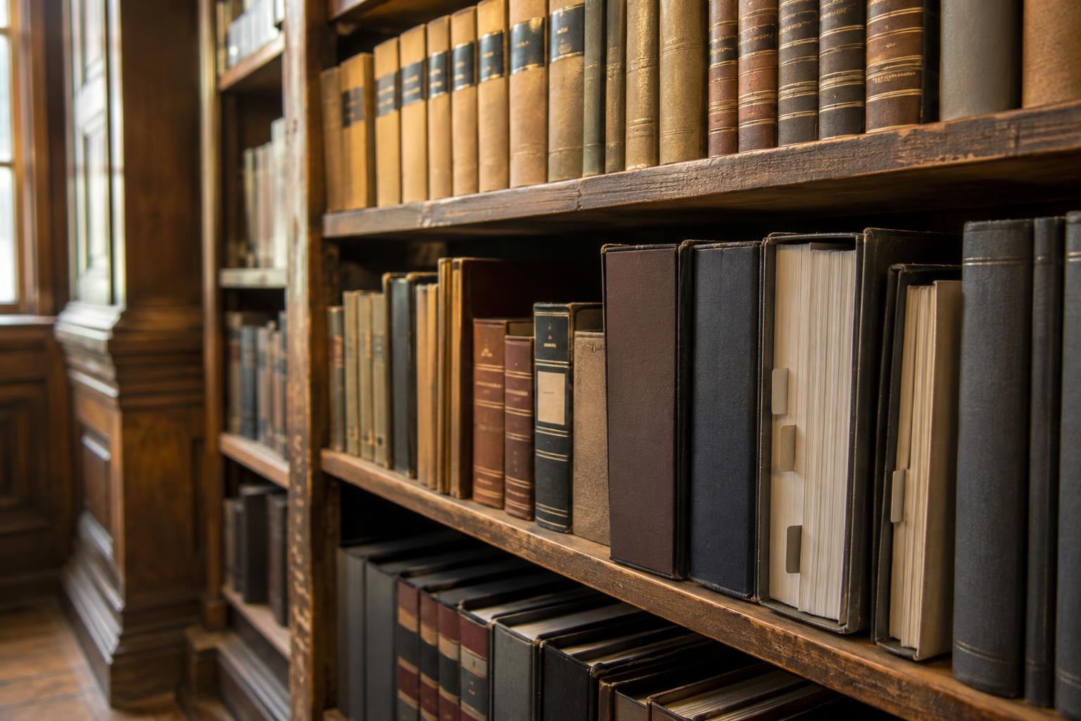 Public library finance shelf with books on annuities, lawsuits, and personal injury settlements.