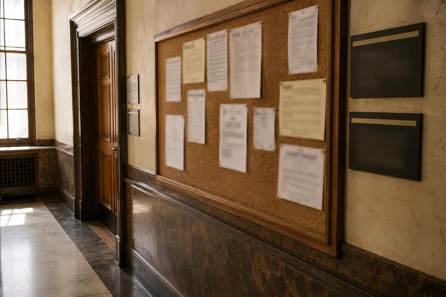 Courthouse hallway bulletin board near civil case schedule and settlement conference room sign.