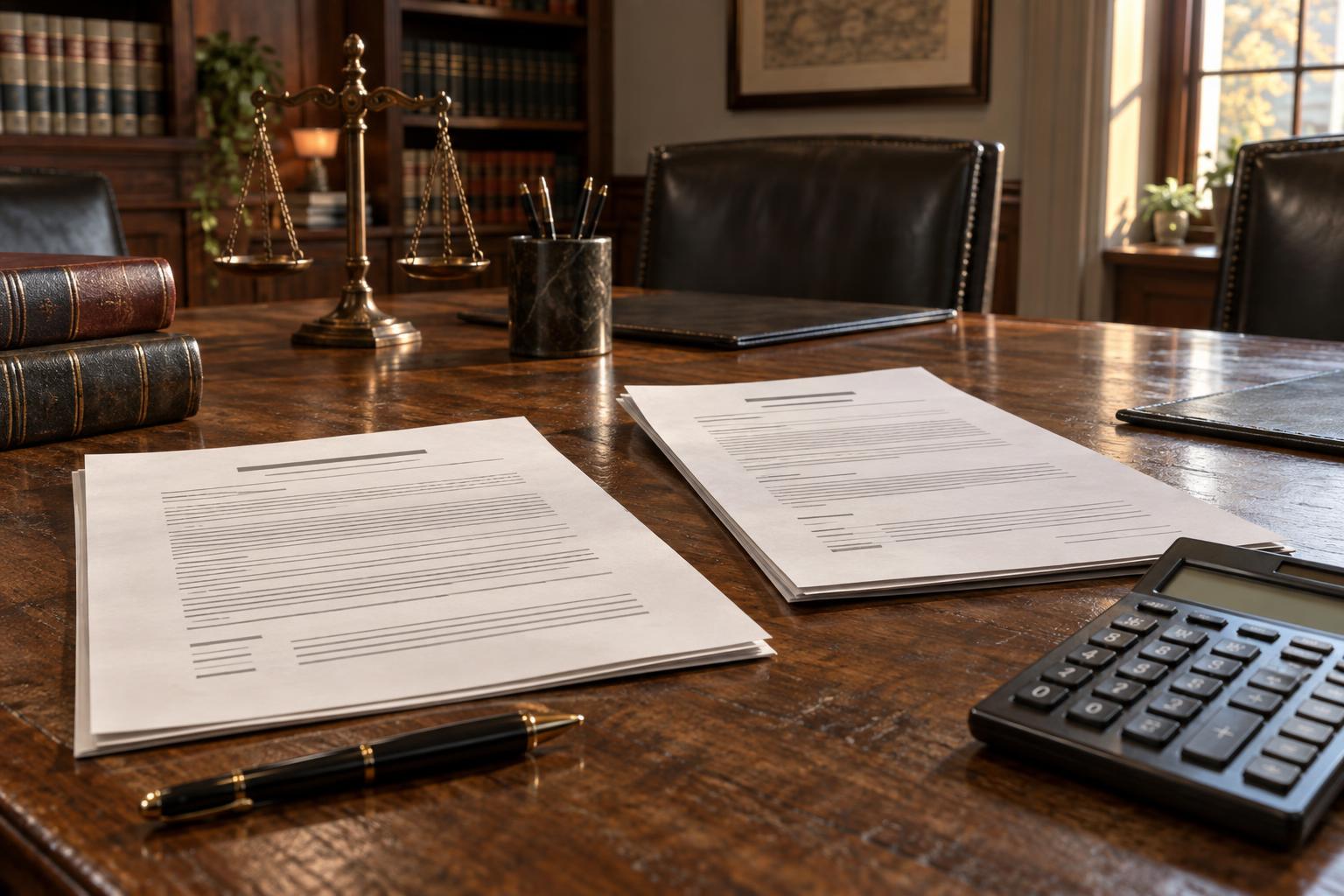 Law office conference table holding annuity contract, court order, and calculator.