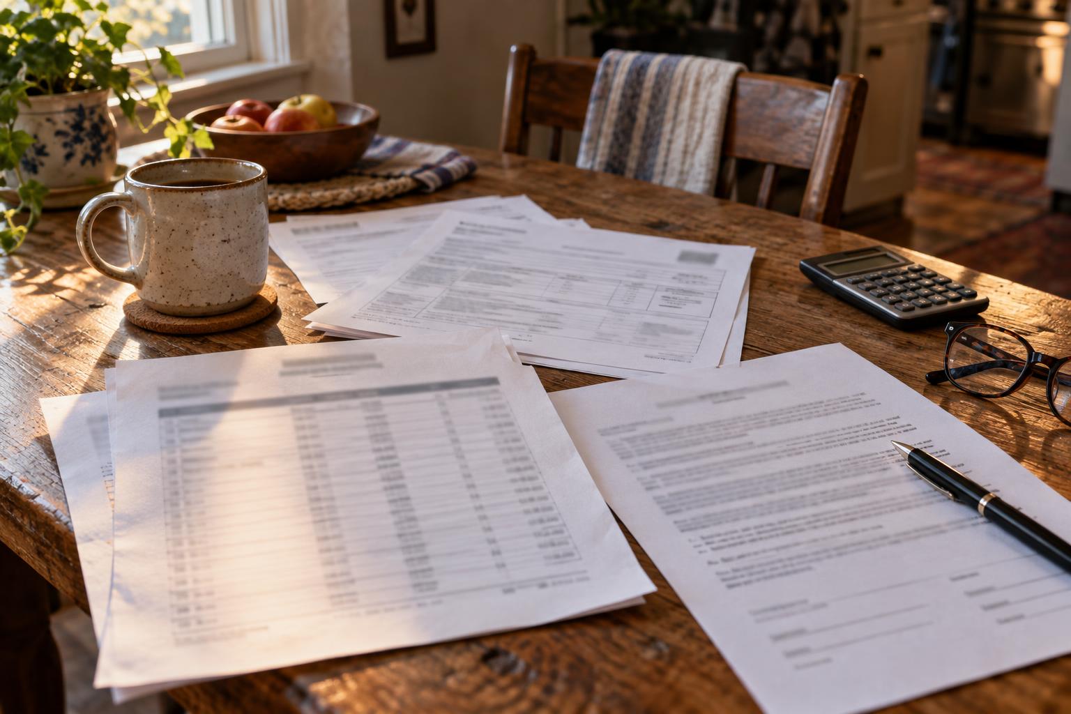Kitchen table with settlement payment schedule, medical bills, and attorney fee agreement.