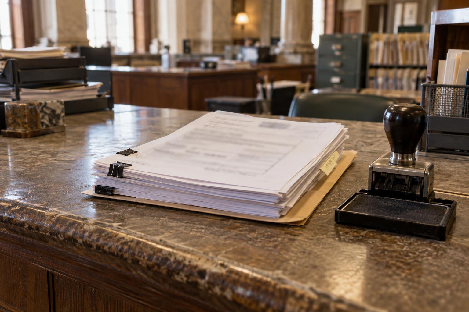 County clerk filing counter with petition packet labeled structured settlement transfer.