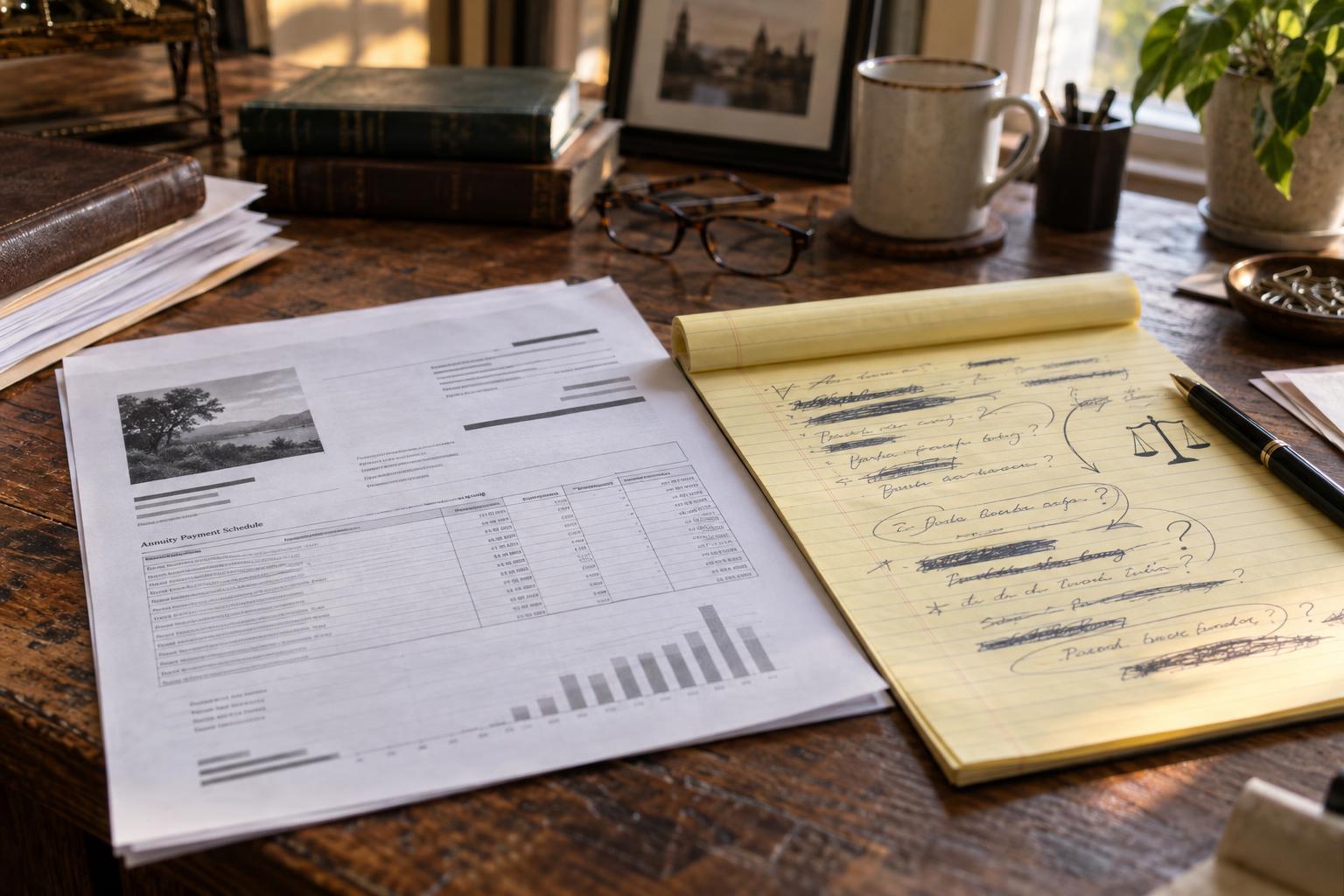 Home desk showing insurer annuity statement beside legal pad titled \u201ccourt approval questions\u201d.