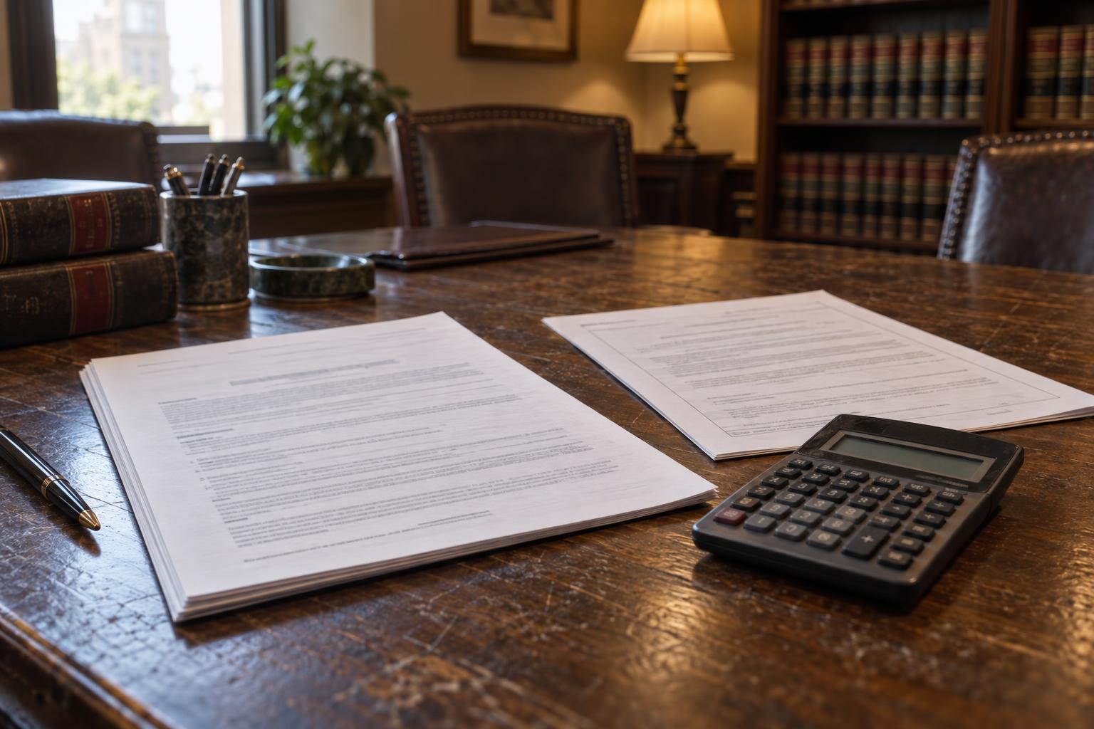 Law office conference table holding annuity contract, court order, and calculator.