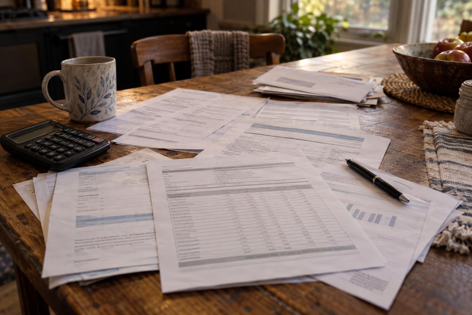 Kitchen table with settlement payment schedule, medical bills, and attorney fee agreement.