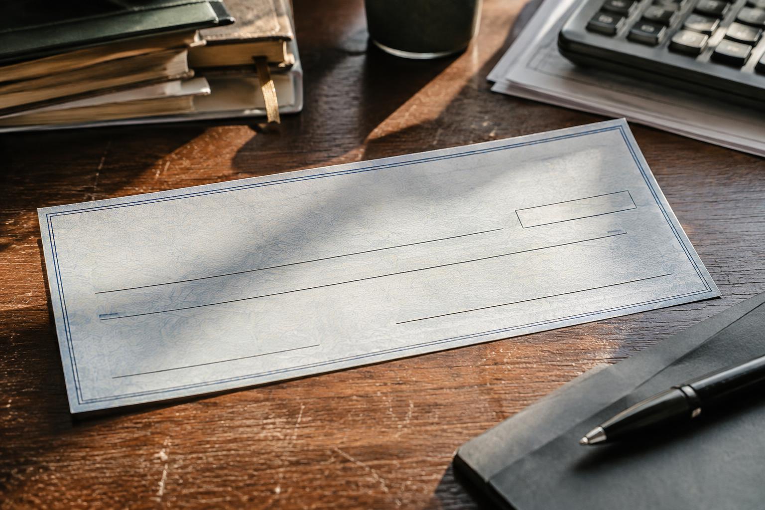 Close-up of a monthly payment check resting on a home office desk.