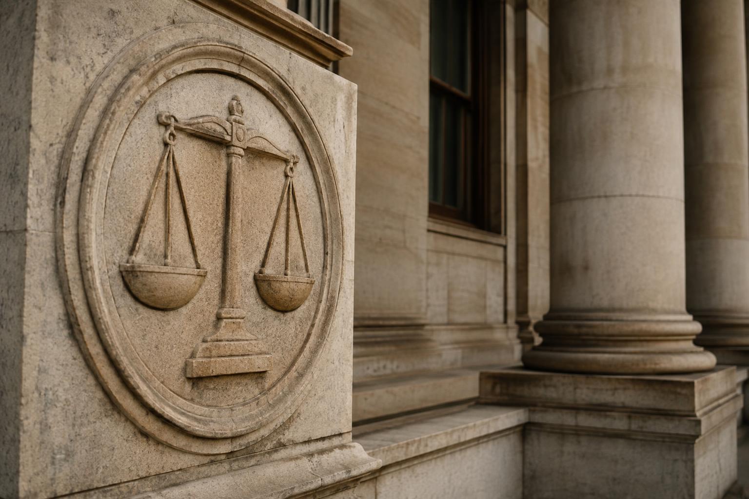 Courthouse exterior with carved stone pillars and engraved scales-of-justice emblem.