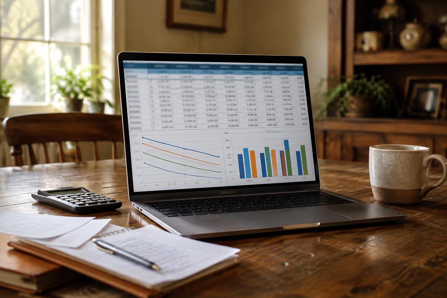 An open laptop displaying a spreadsheet of discount rate comparisons on a dining table.