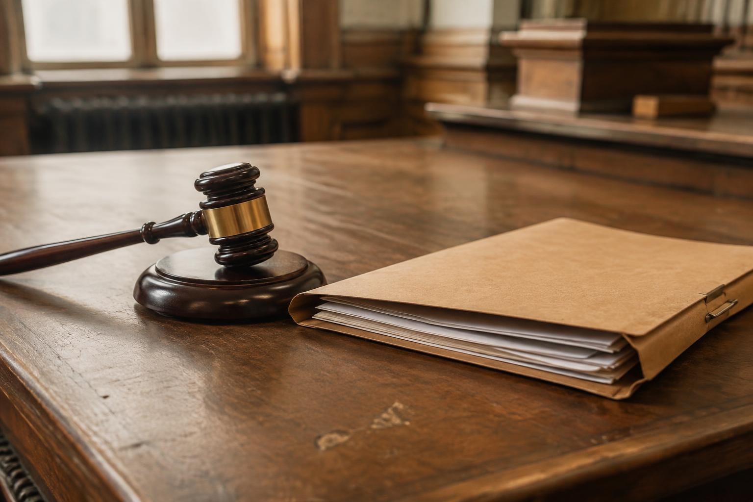 A gavel resting on a wooden bench beside a manila folder labeled settlement documents.