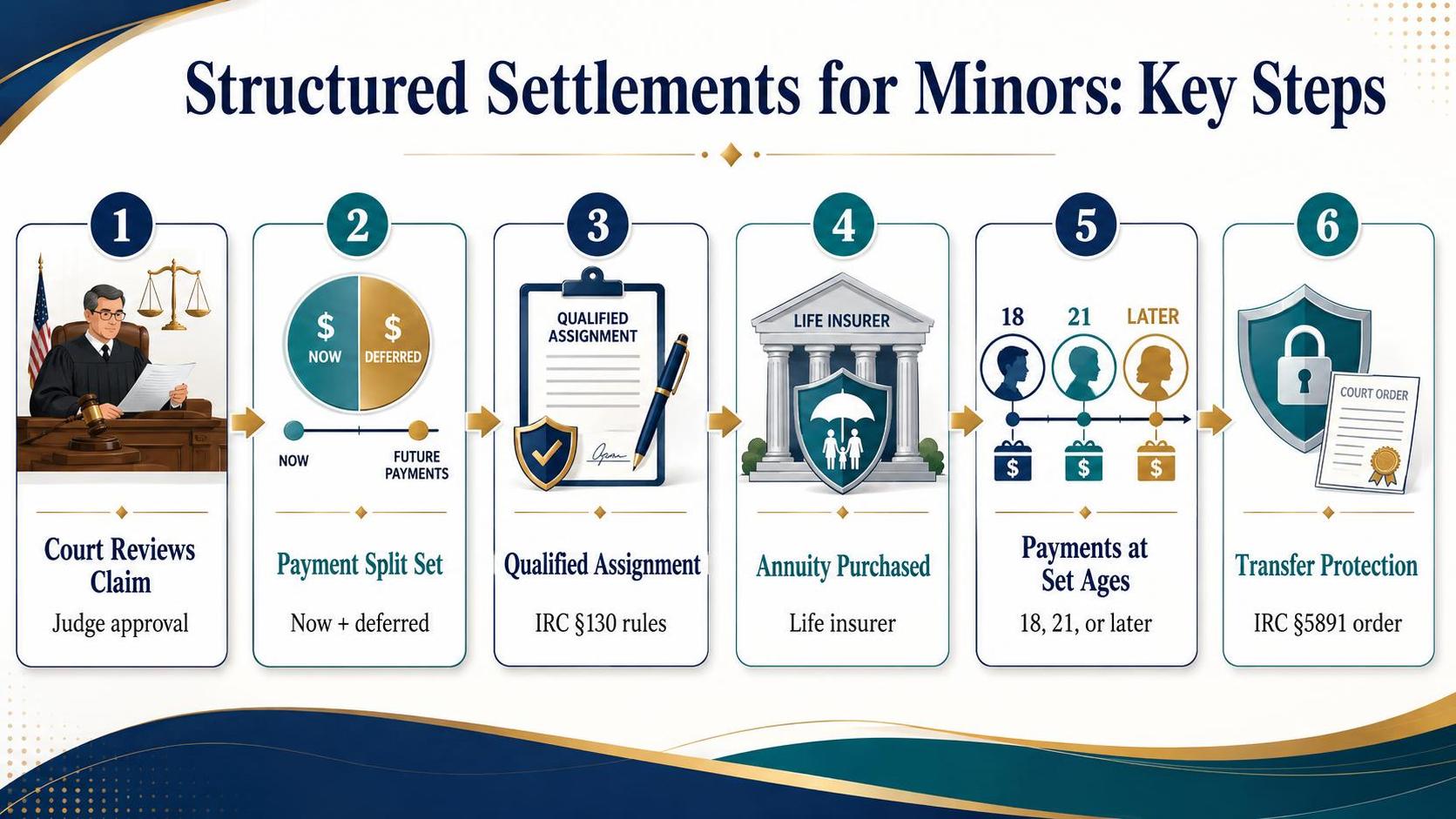 Structured Settlements for Minors: Key Steps: Court Reviews Claim, Payment Split Set, Qualified Assignment.