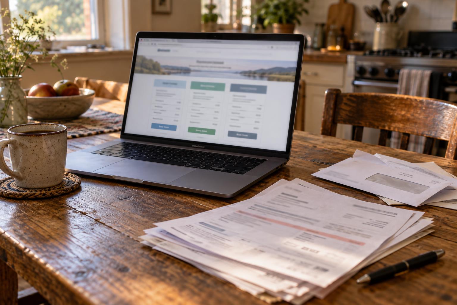 Open laptop showing annuity buyer comparison pages beside unpaid medical bills and coffee mug.