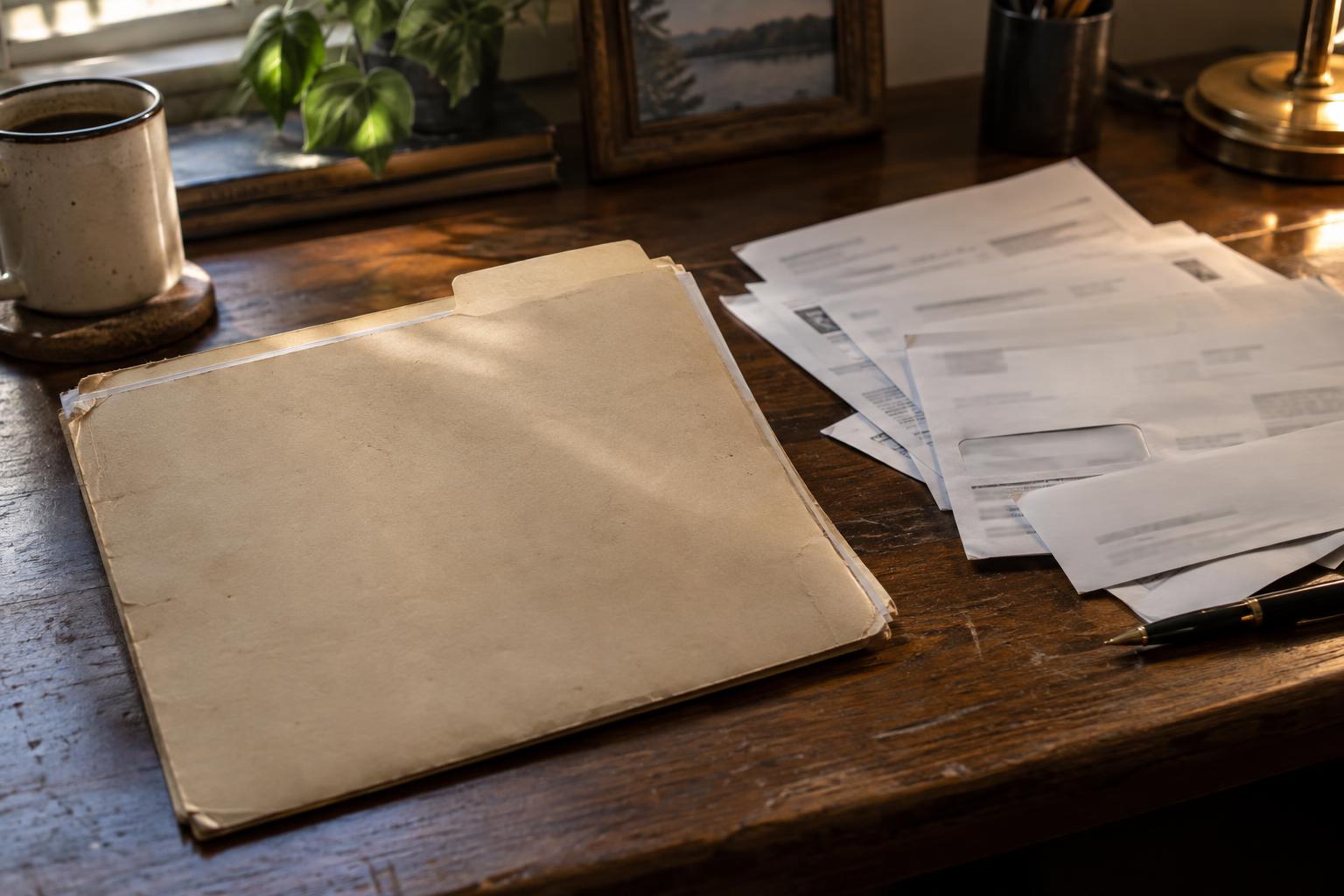 File folder labeled structured settlement sale beside insurance company letters on home desk.
