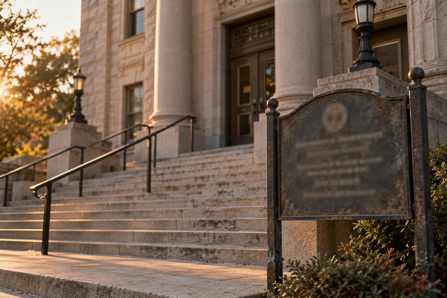 County courthouse exterior with sign visible, suggesting required approval for settlement transfer.