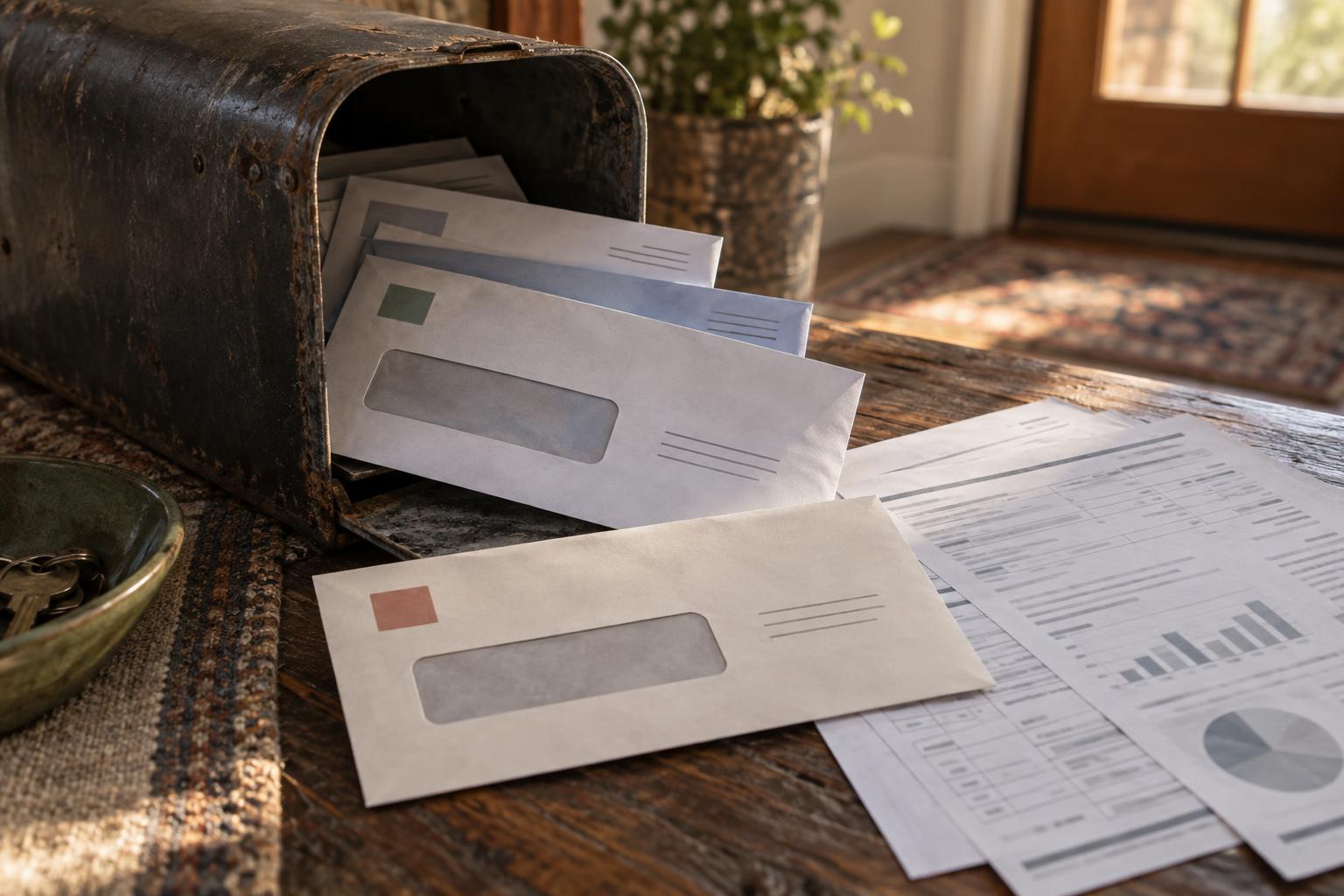 Mailbox holding offers from factoring companies, annuity issuer envelope, and financial disclosure forms.