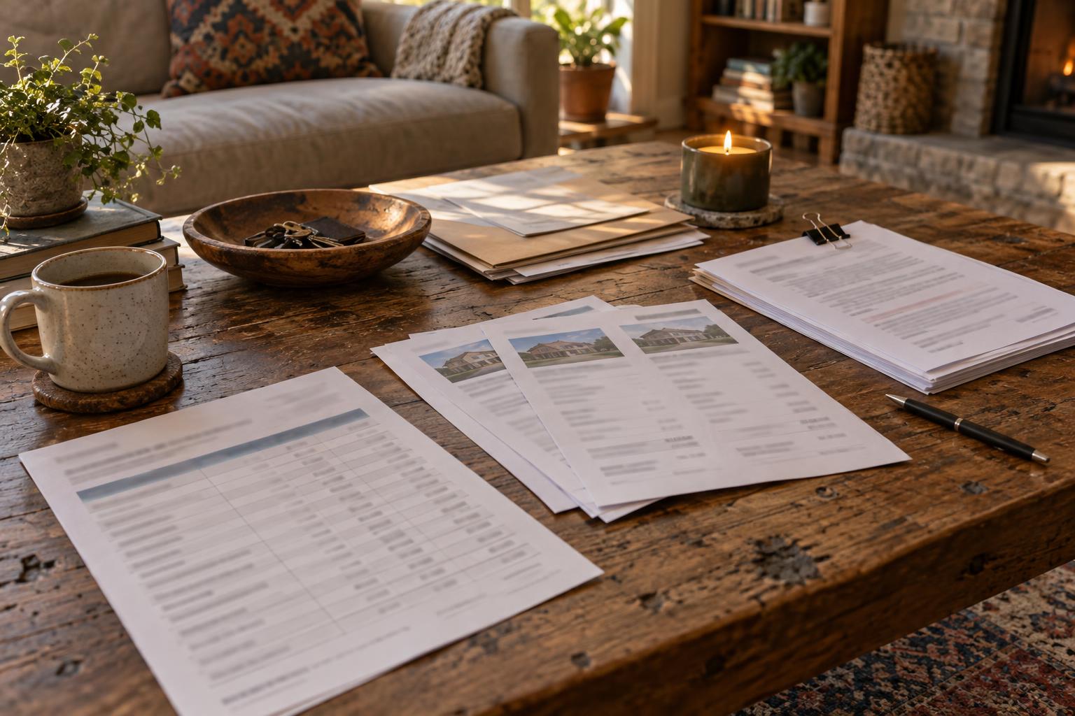 Living room coffee table with payment schedule, buyer quote sheets, and legal notice packet.