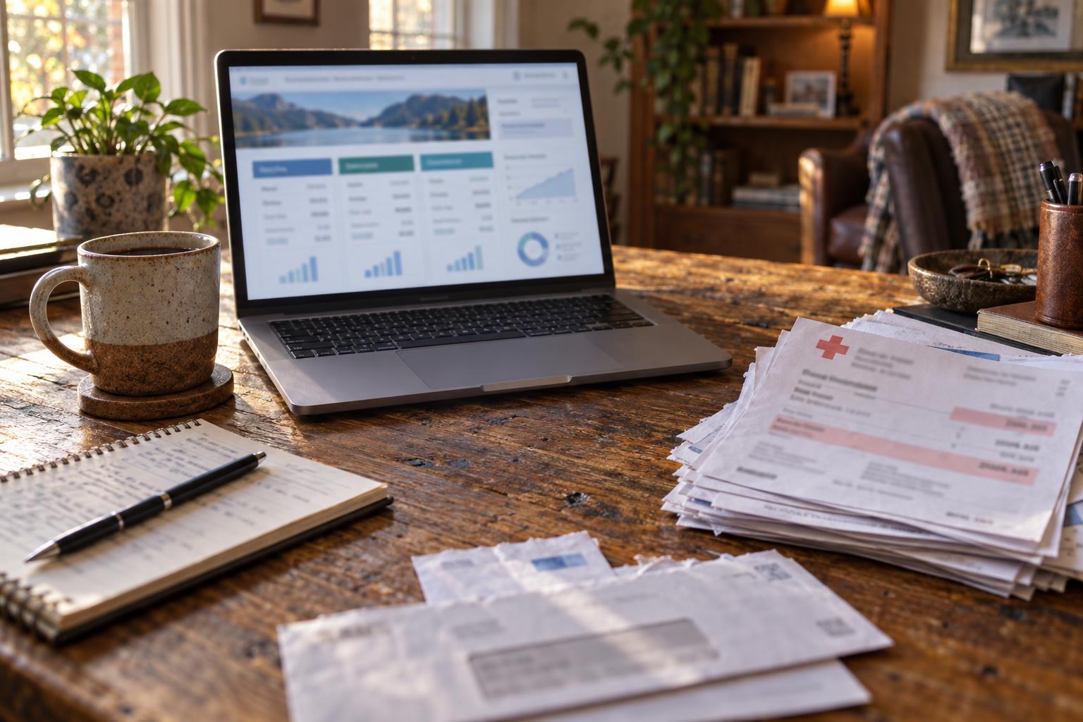 Open laptop showing annuity buyer comparison pages beside unpaid medical bills and coffee mug.