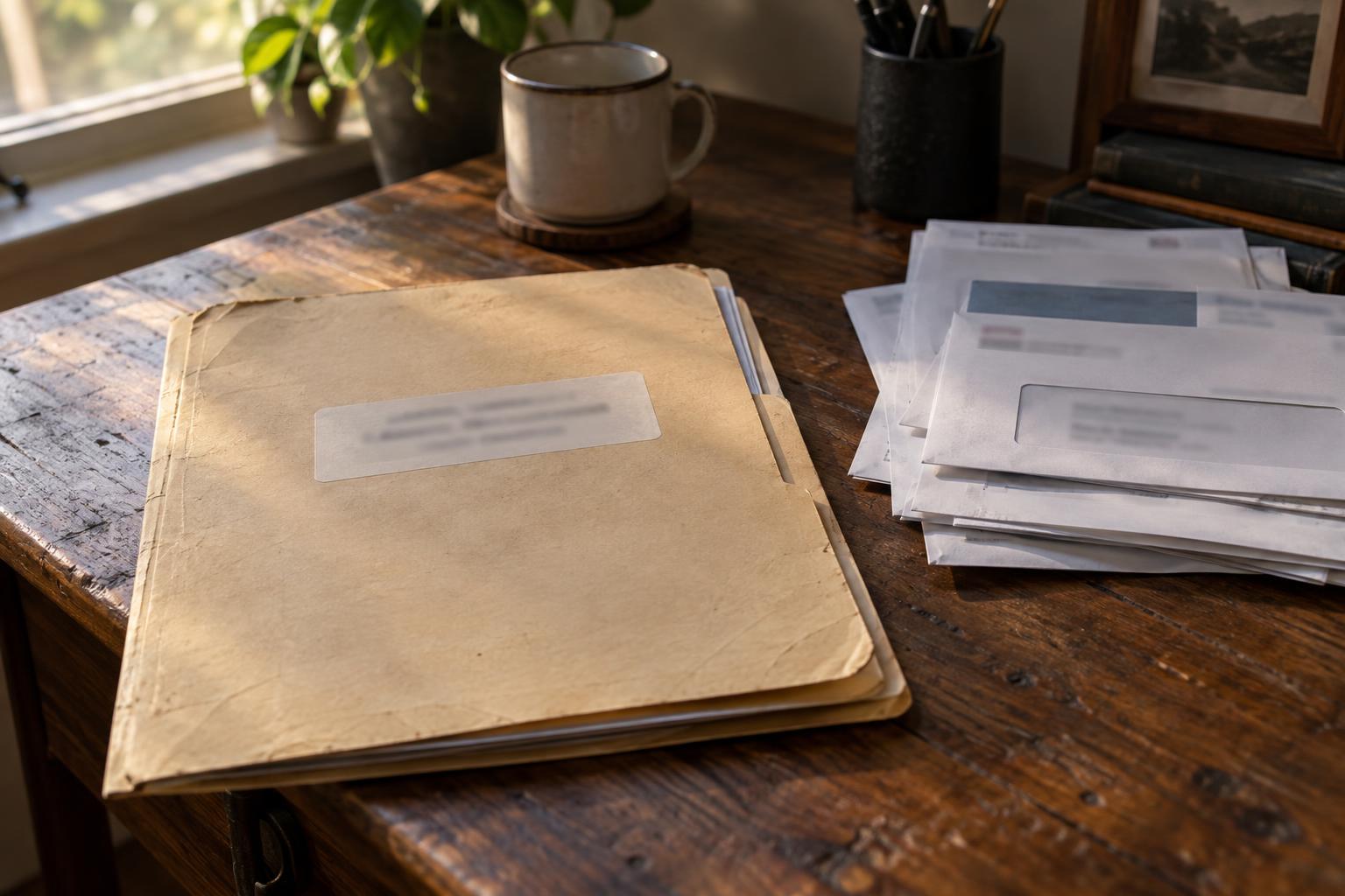 File folder labeled structured settlement sale beside insurance company letters on home desk.