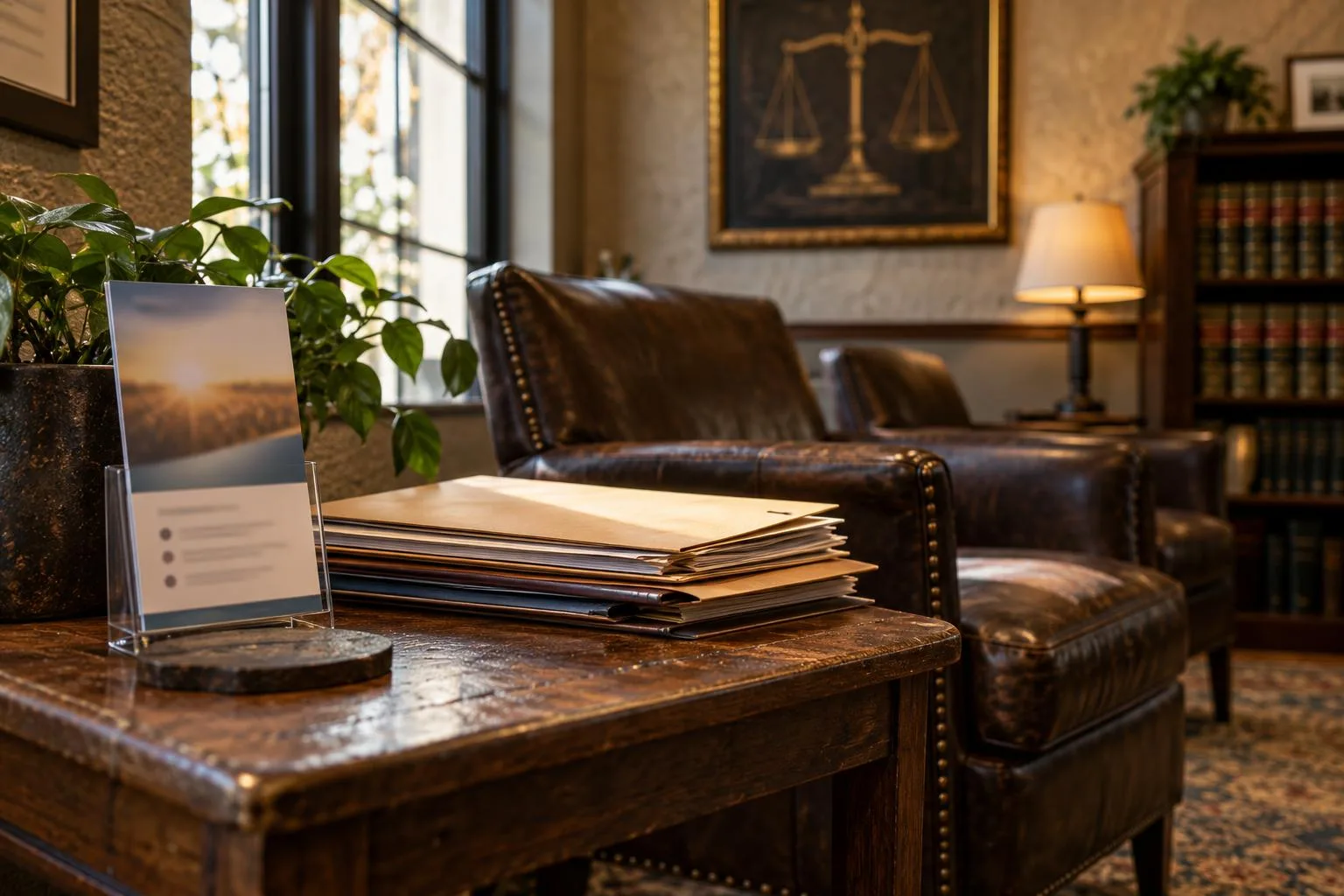 Law office waiting room with framed scales of justice, legal folders, and a pre-settlement loan brochure.