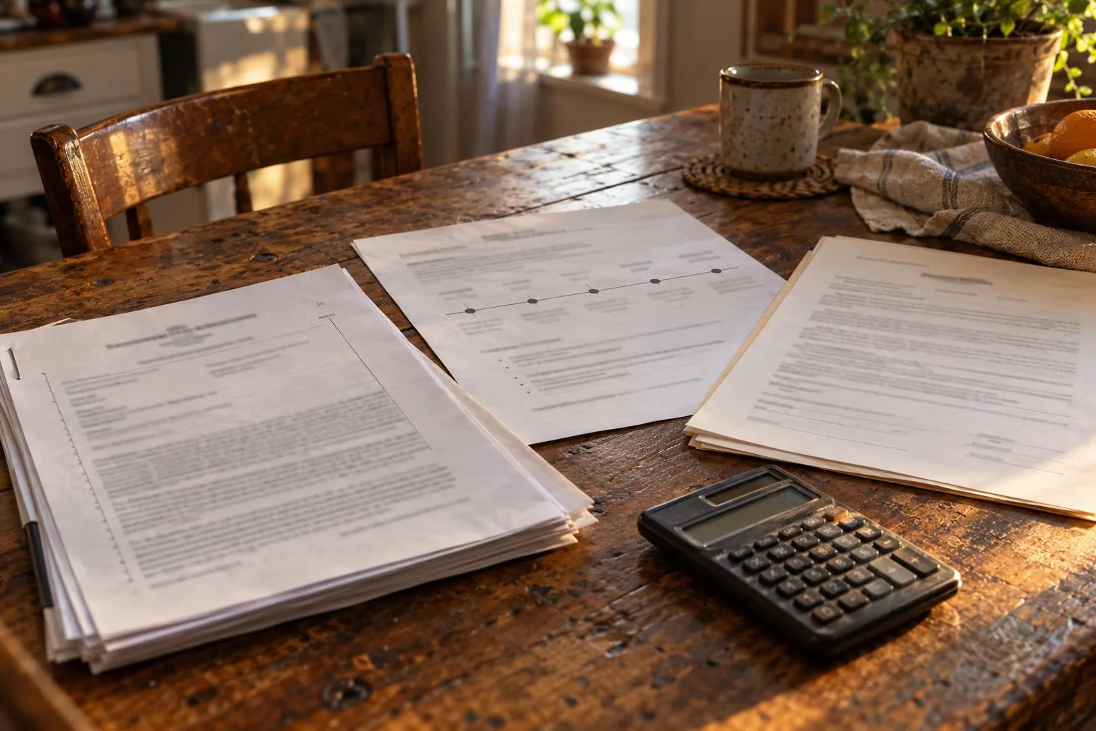 Court documents, settlement timeline, and pre-settlement funding agreement arranged beside a calculator on a kitchen table.