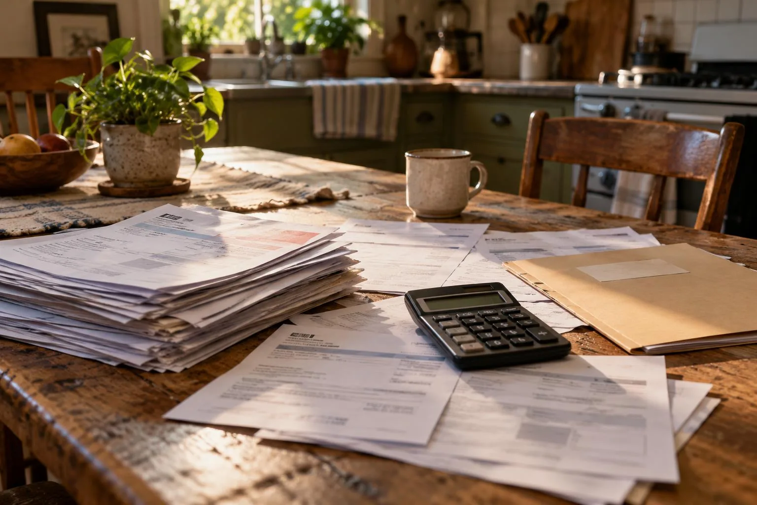 Kitchen table holding medical bills, legal documents, calculator, and a folder labeled “Pre-Settlement Funding”.
