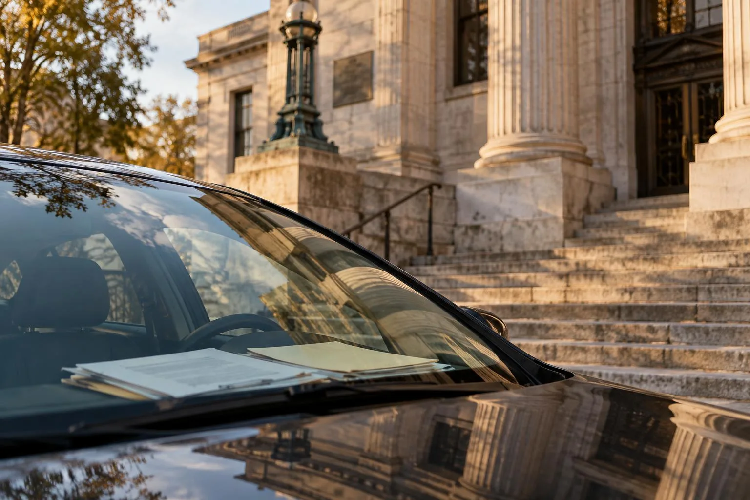 Courthouse exterior beside a parked car, with a “Civil Court” sign and settlement paperwork visible through windshield.