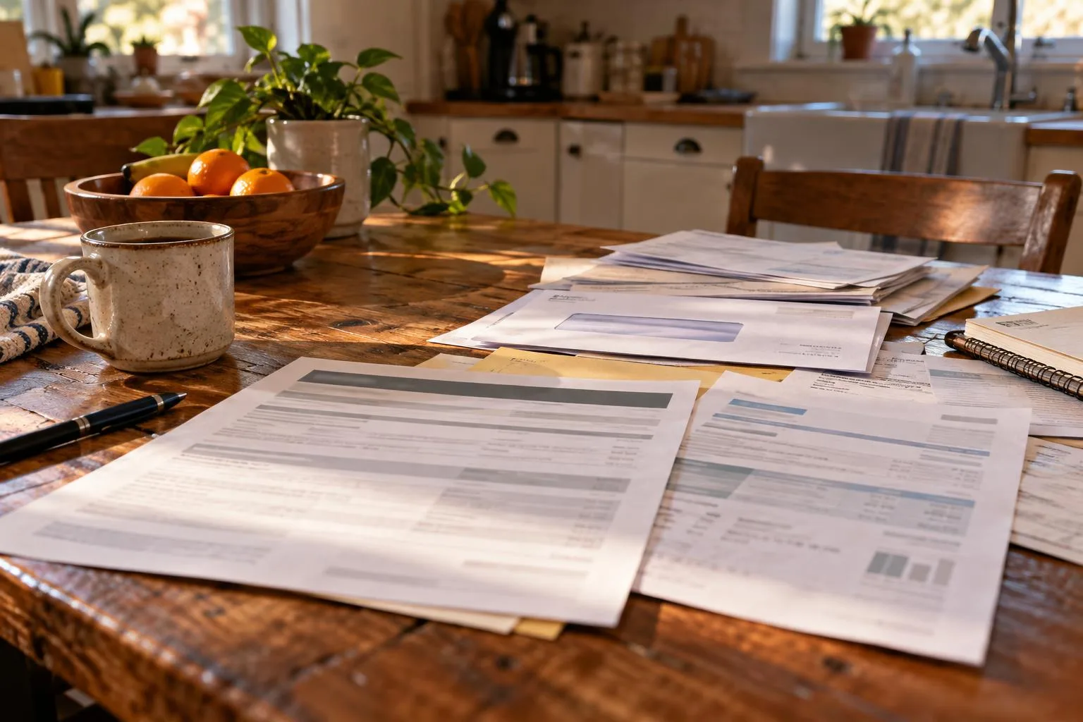 Kitchen table displaying a structured settlement agreement, cash advance disclosure, and household bills.