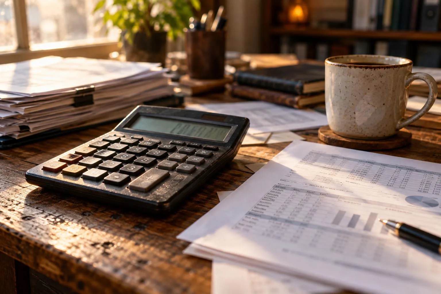 Close-up of a calculator beside settlement payment schedules, interest paperwork, and a coffee mug.