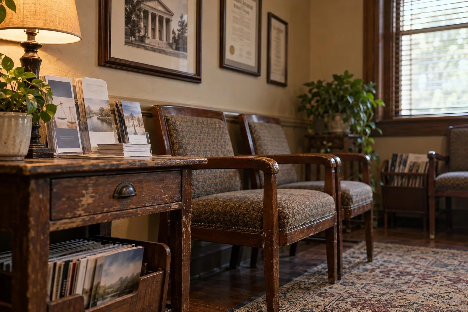 Small-town attorney office waiting area with framed legal notices and settlement funding brochures.