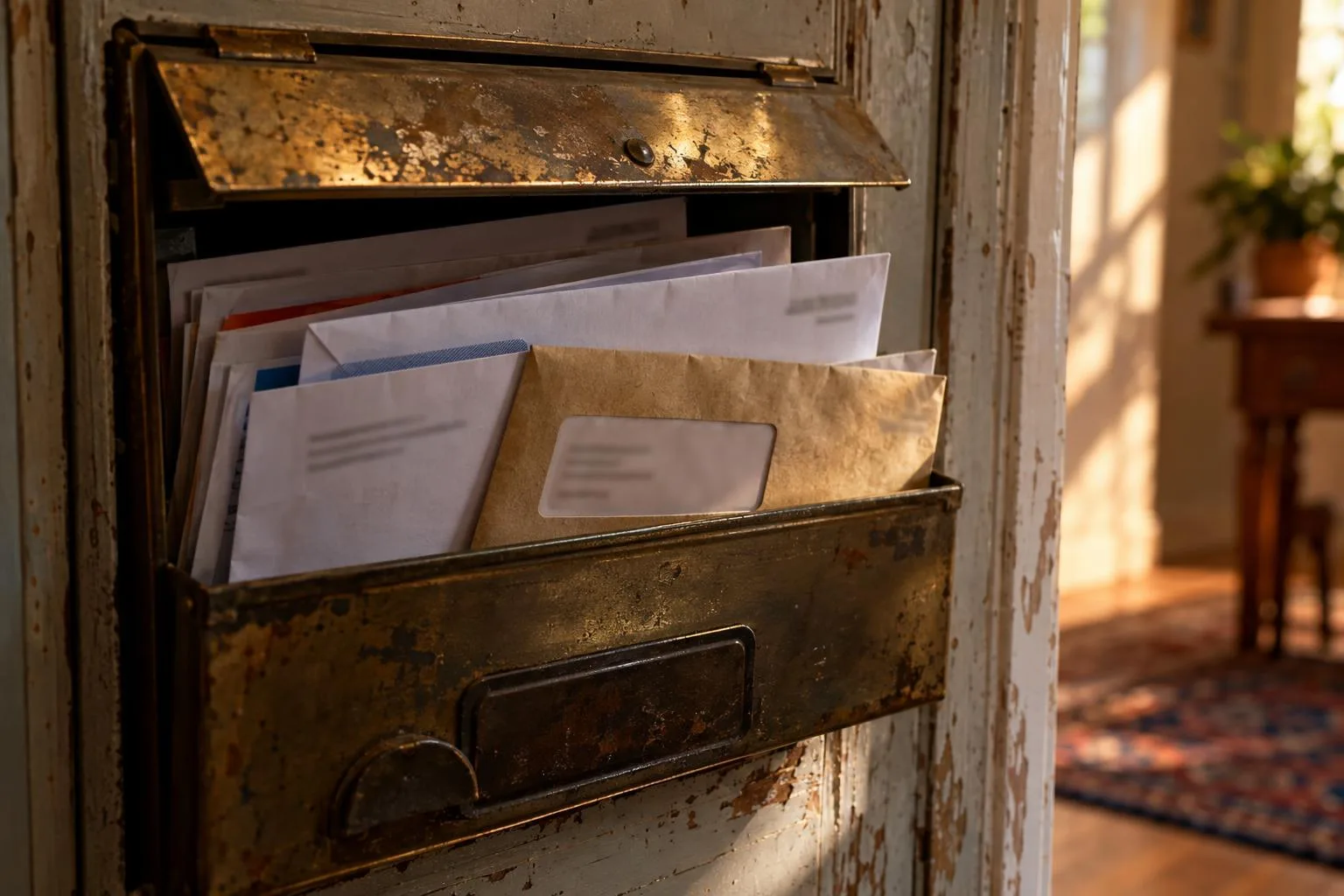 Mailbox containing a settlement advance offer, insurance correspondence, and unopened medical bills.