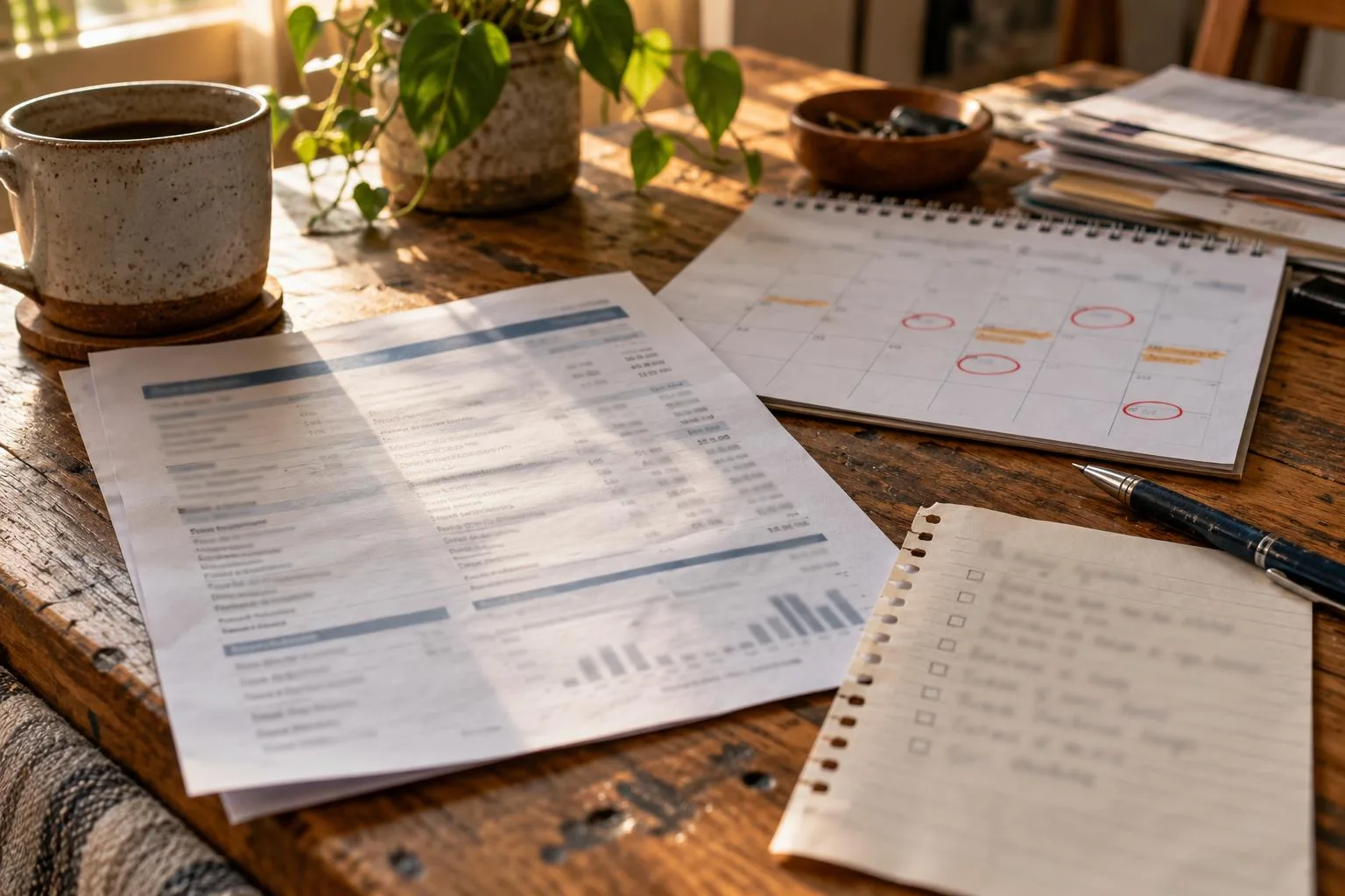Bank statement beside a calendar marking expected settlement payments and an emergency expense list.