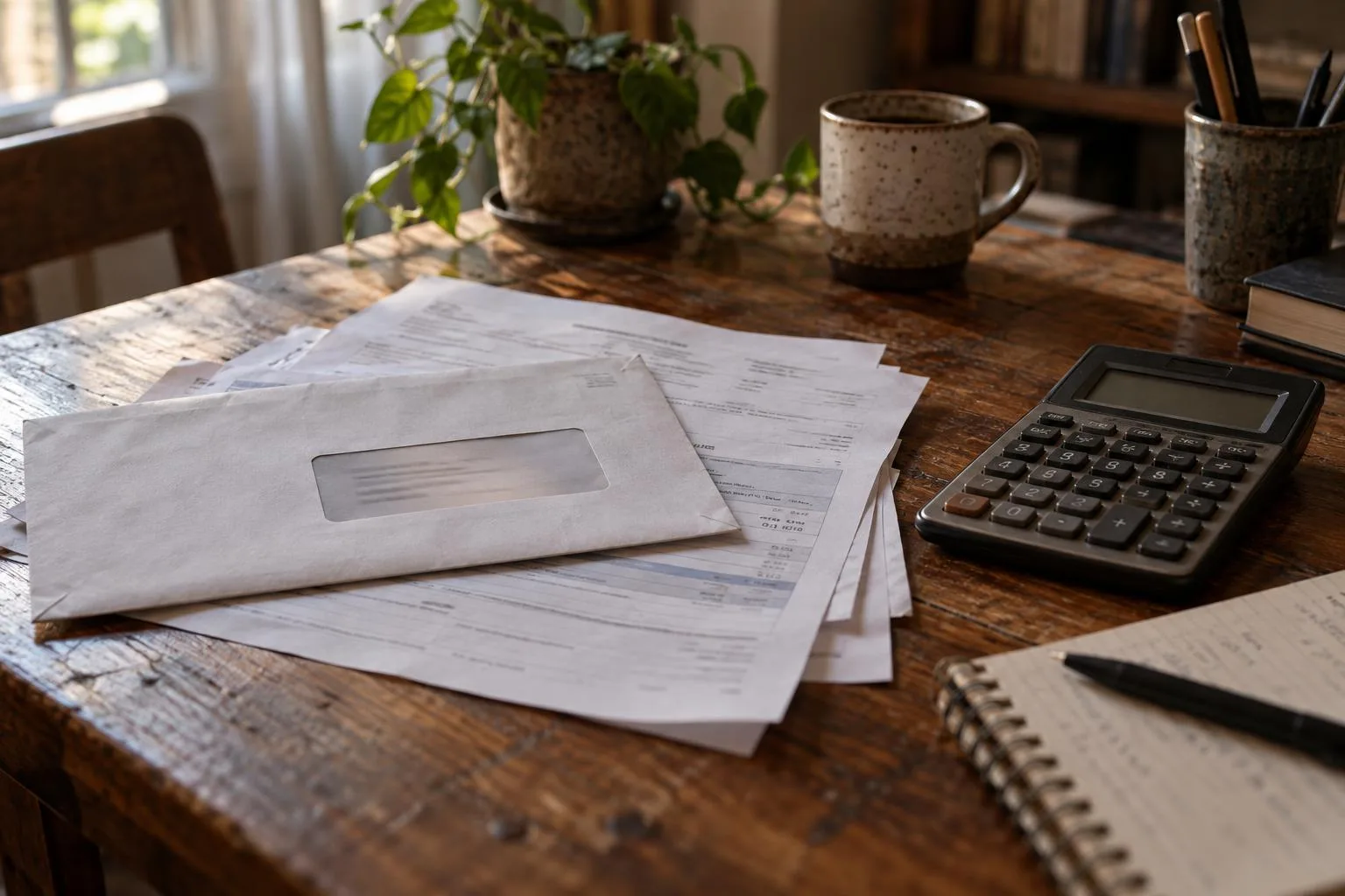 Hospital billing envelope, settlement documents, and a calculator arranged on a home office desk.