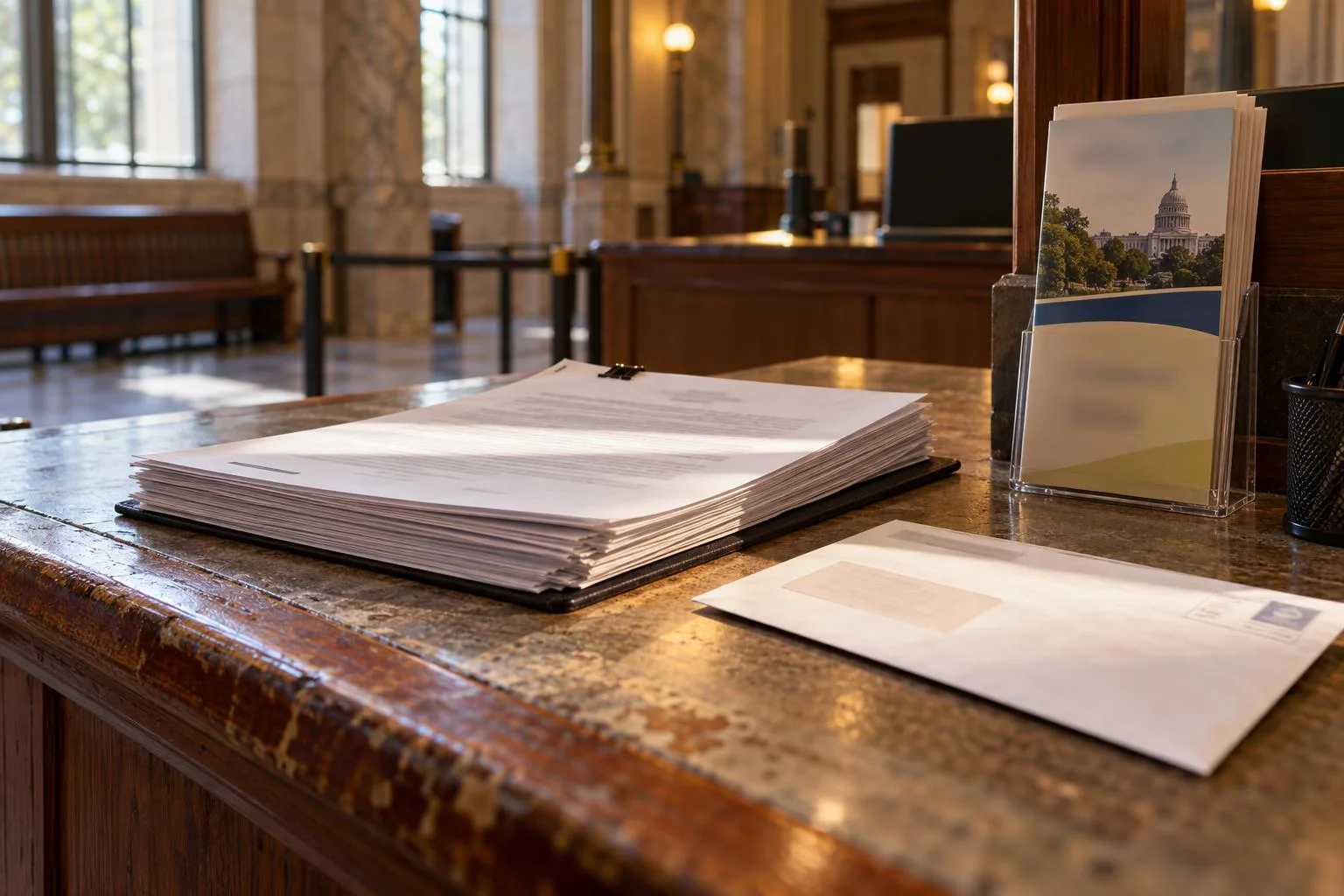 Court filing counter with settlement paperwork, certified mail envelope, and state consumer protection pamphlet.