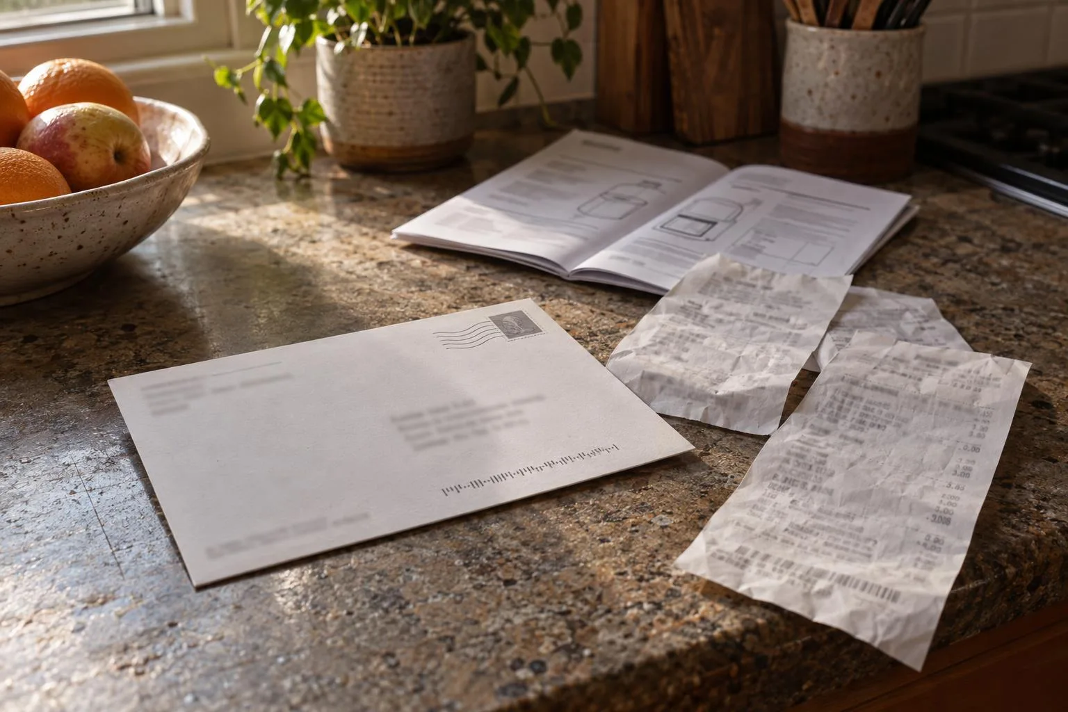 Kitchen counter with unopened settlement postcard, purchase receipts, and a consumer product instruction manual.