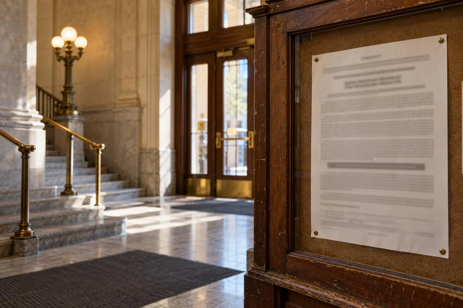 U.S. courthouse entrance beside a bulletin board displaying a action lawsuit notice.