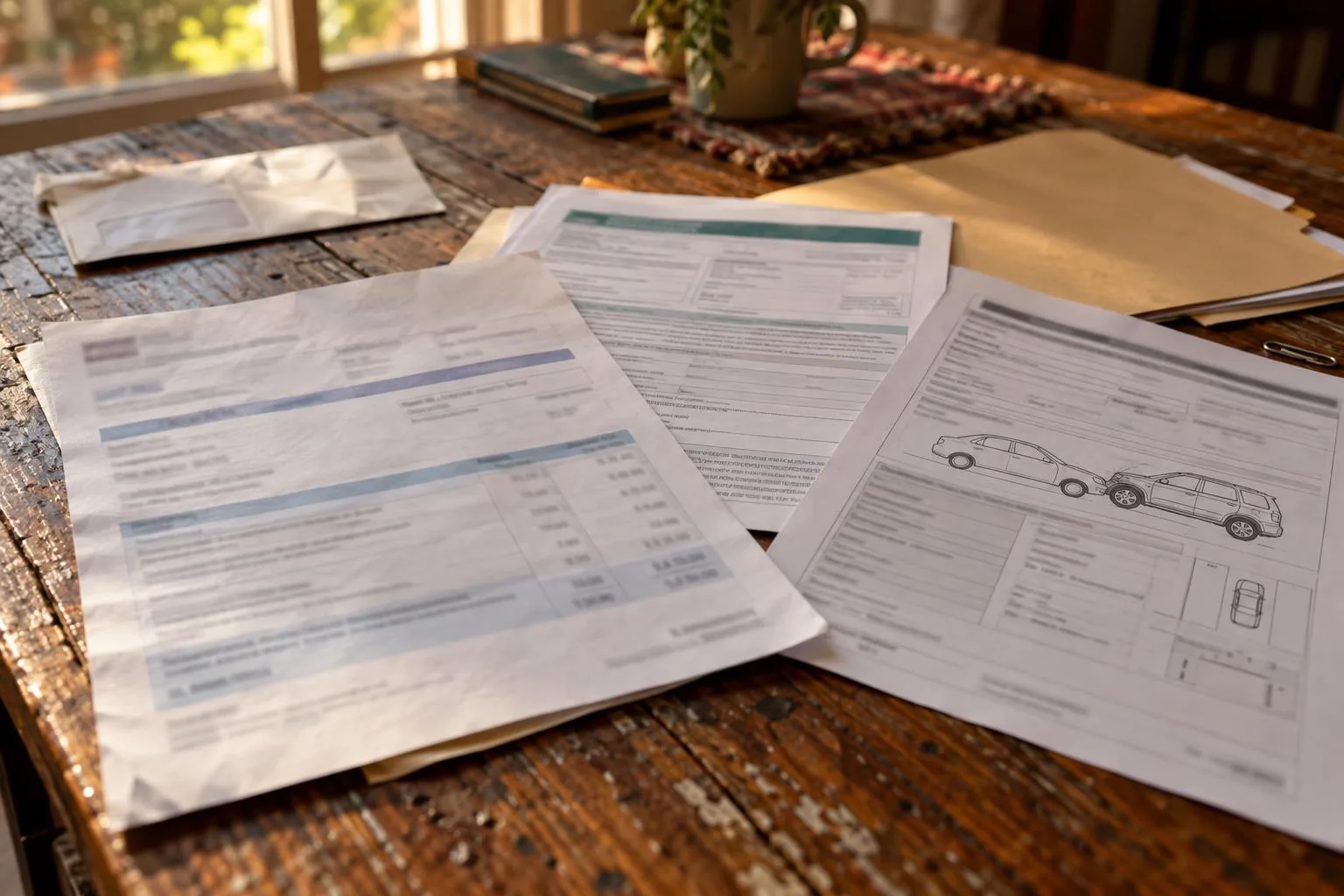 Emergency room billing statement beside health insurance policy documents and a car accident claim form.