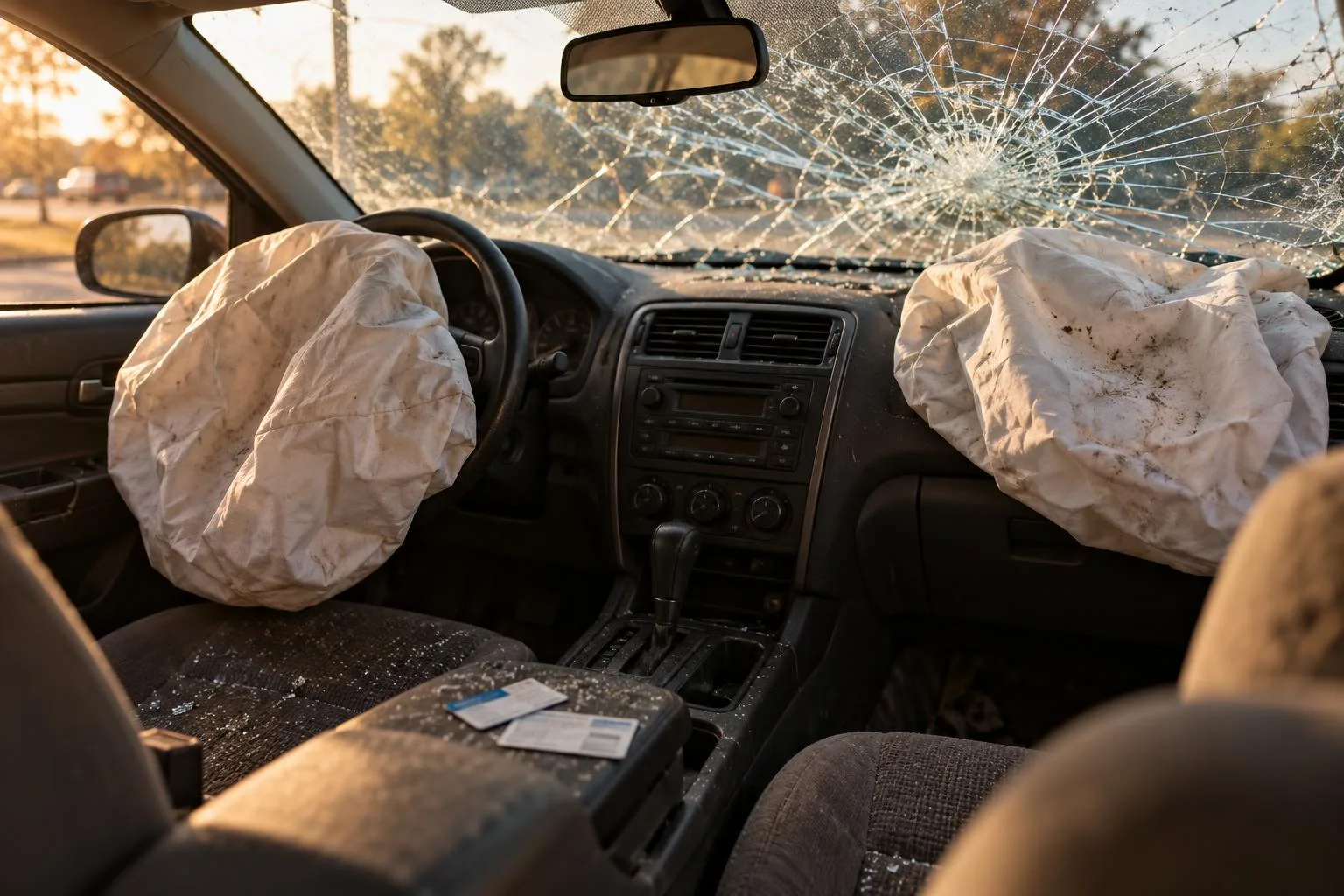 Cracked windshield, deployed airbags, and insurance cards inside a parked American vehicle after a collision.