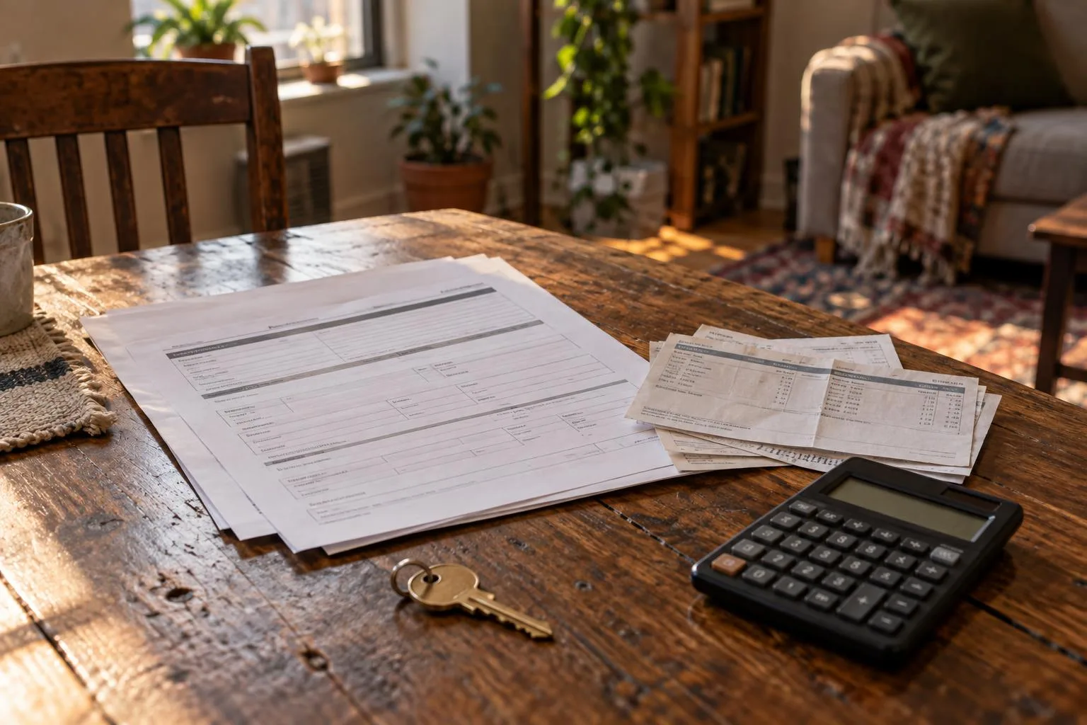 Rental application, pay stubs, and calculator arranged beside an apartment key on a dining table.