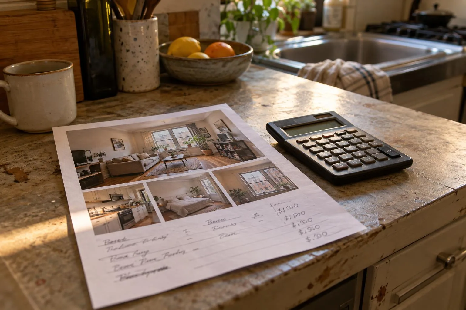 Apartment listing beside a calculator, monthly rent, security deposit, and utilities handwritten on a kitchen counter.