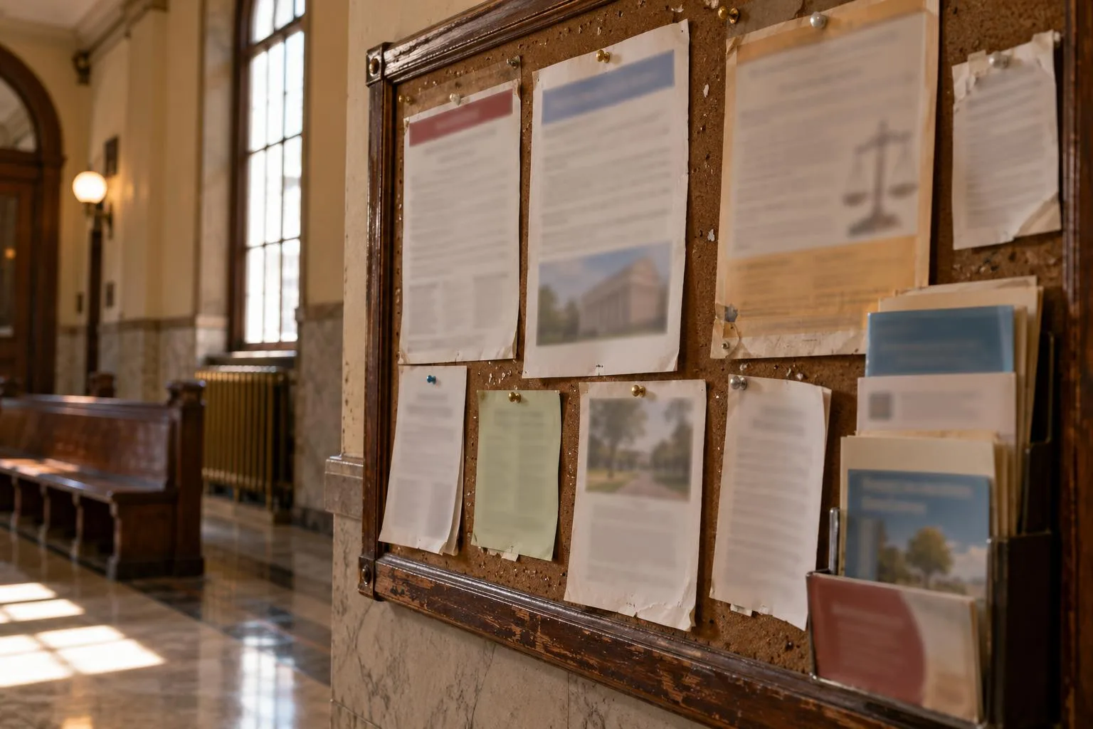 Courthouse hallway bulletin board displaying generic structured settlement transfer notices and consumer protection pamphlets.