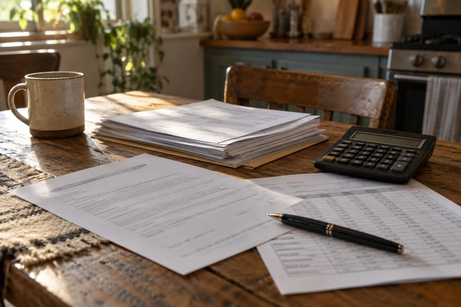 JG Wentworth structured settlement paperwork beside calculator, payment schedule, and pen on a kitchen table.