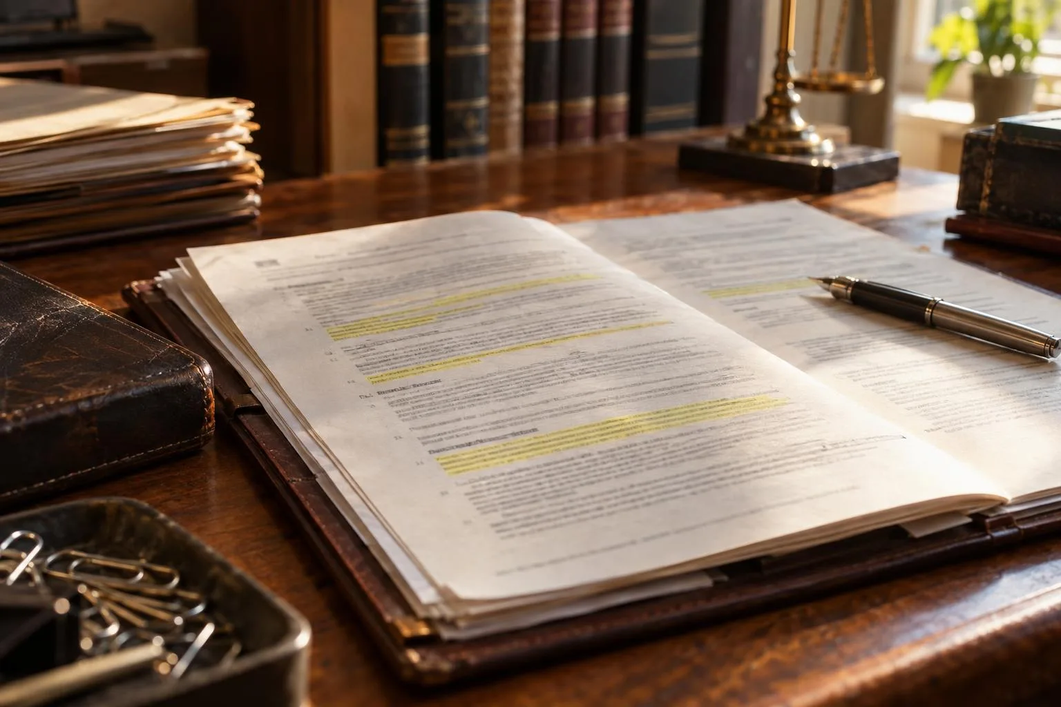Attorney\u2019s office desk with a settlement funding contract and highlighted repayment terms.