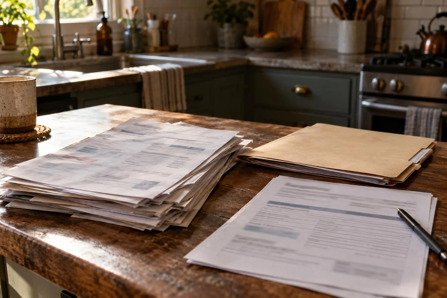 Kitchen counter holding medical bills, a pending lawsuit folder, and a funding application.