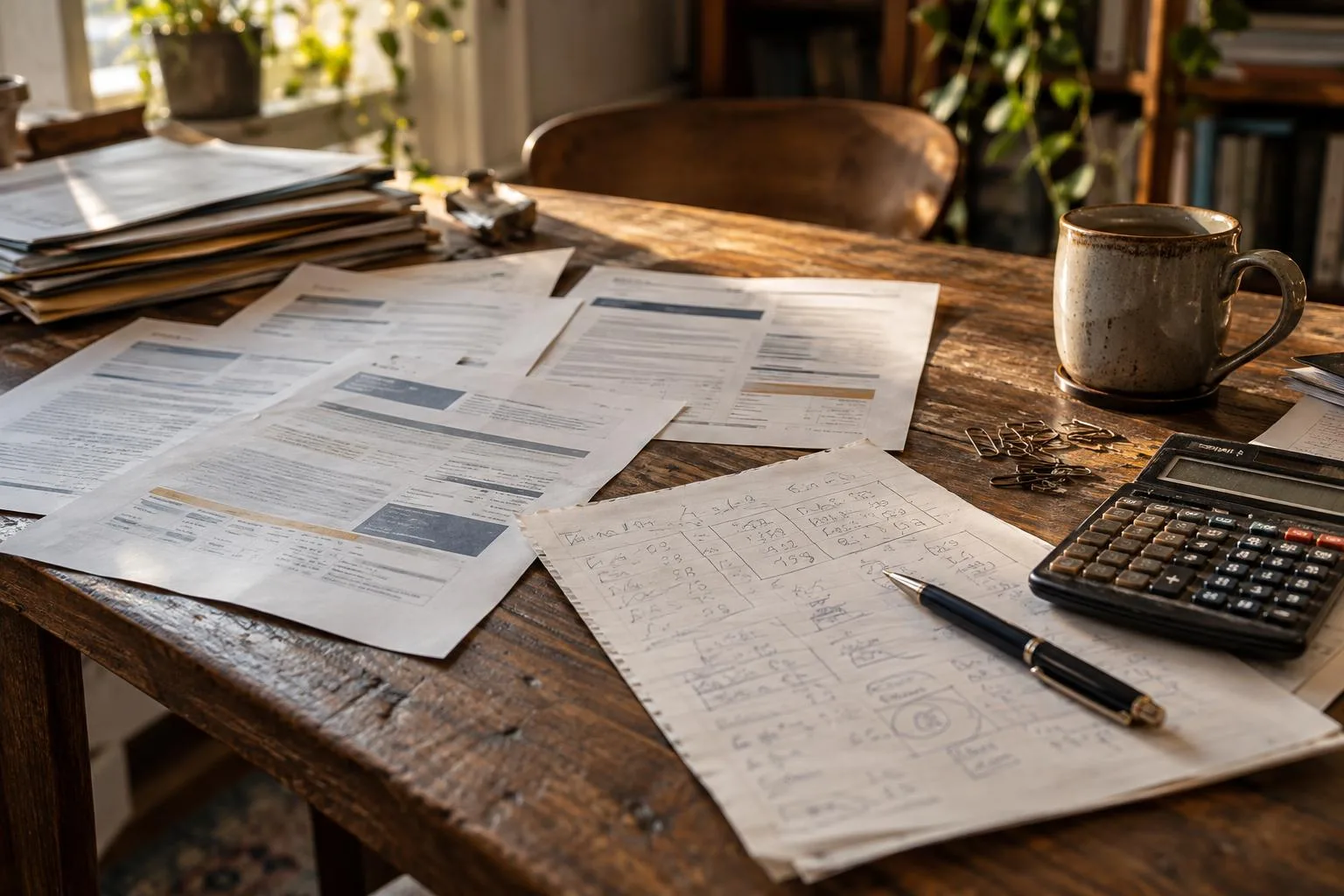 Home office desk with competing lawsuit funding offers and a handwritten cost comparison.