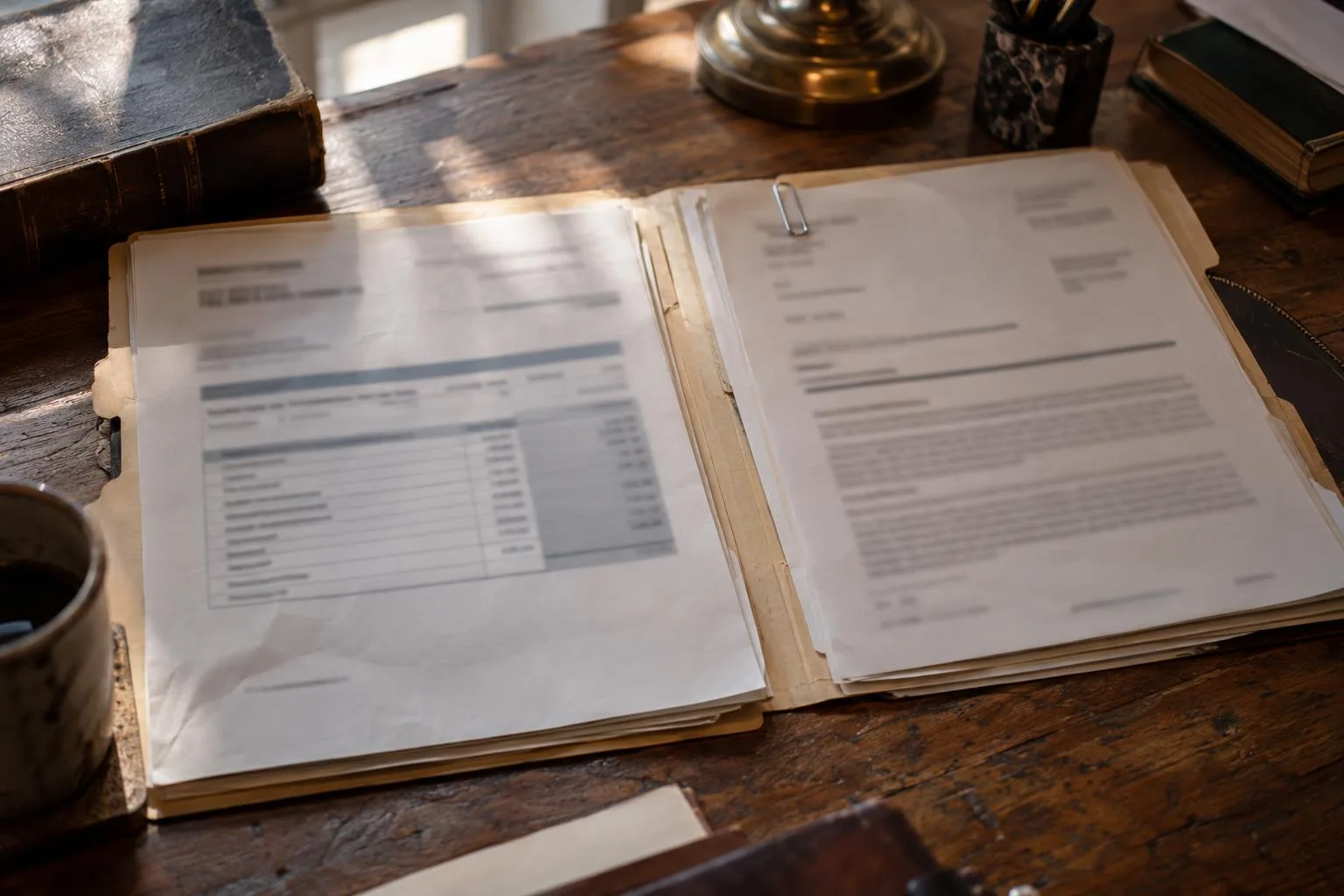 Settlement disbursement statement beside a funding payoff letter in an open legal folder.