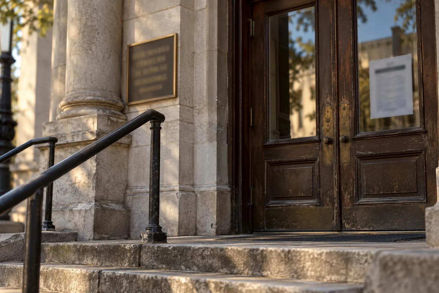 County courthouse entrance with civil division signage and posted public access hours.