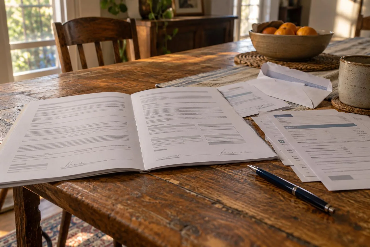 Nonrecourse lawsuit funding agreement open to repayment conditions beside household bills on a dining table.