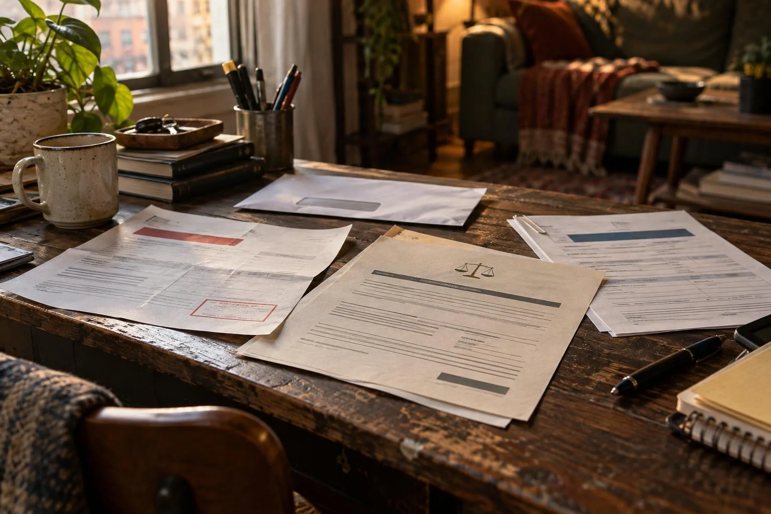 Apartment desk with a delayed settlement notice, rent reminder, and lawsuit funding paperwork.