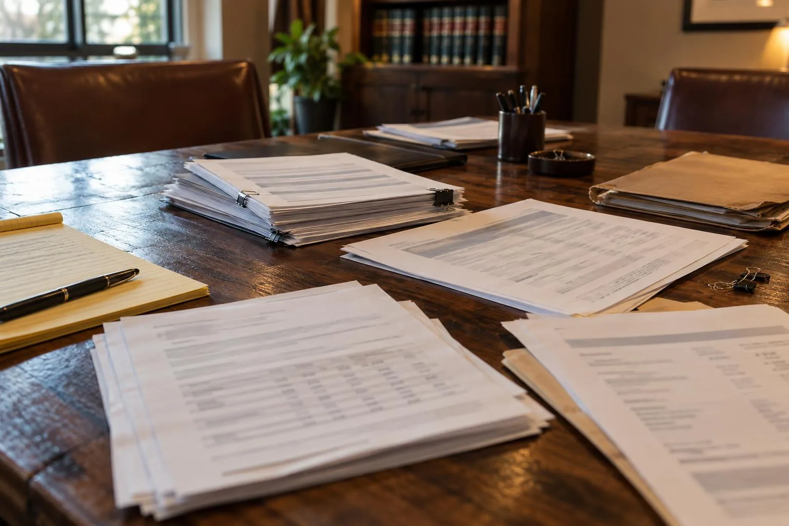 Attorney\u2019s conference table with settlement documents, a lien statement, and a funding payoff calculation.